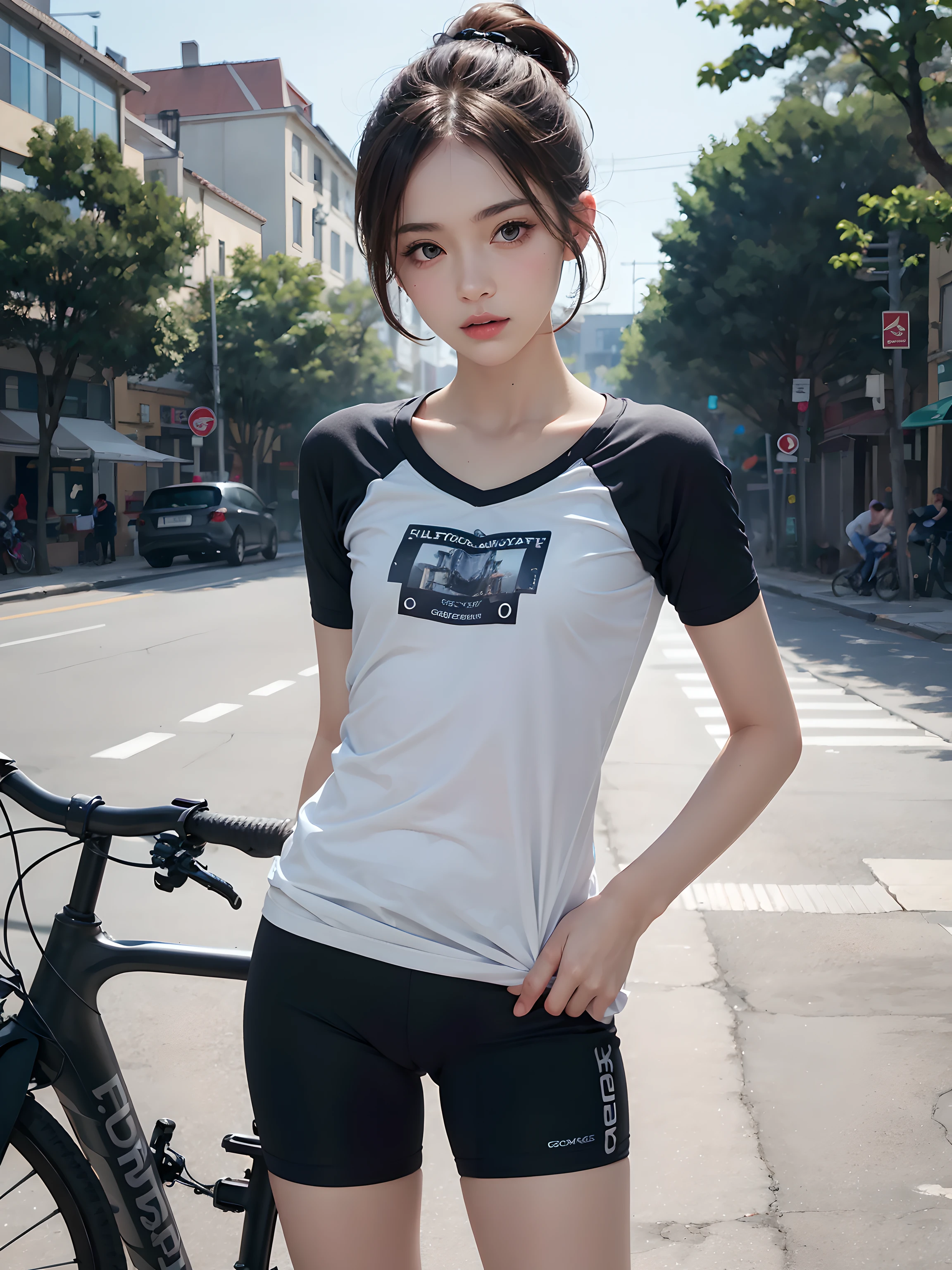 cute japanese college student、21 years old、Super detailed face、Attention to detail、double eyelid、Beautiful thin nose、Sharp focus:1.2、Beautiful woman:1.4、(Maroon brown hair、Short Hair)、(Detailed facial features)、Brunette eyes、natural bangs、White skin、highest quality、masterpiece、超A high resolution、(Photorealistic:1.4)、Highly detailed and professionally lit smile、looking at the camera、Medium Bob Hair、Bright lighting、Professional Lighting、Smooth lighting、One person is standing、(Blue tight long sleeve cycling jersey), Black shorts、(Outdoor)、Along the national highway