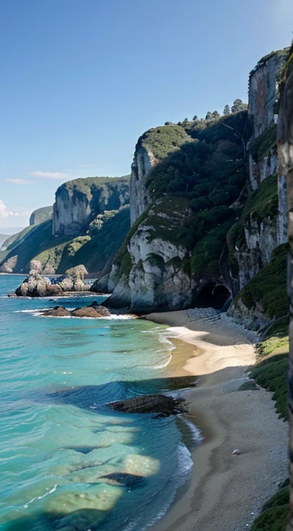 A stunning coastal landscape is shown, with the bright sun reflecting on the crystal clear waters of the sea