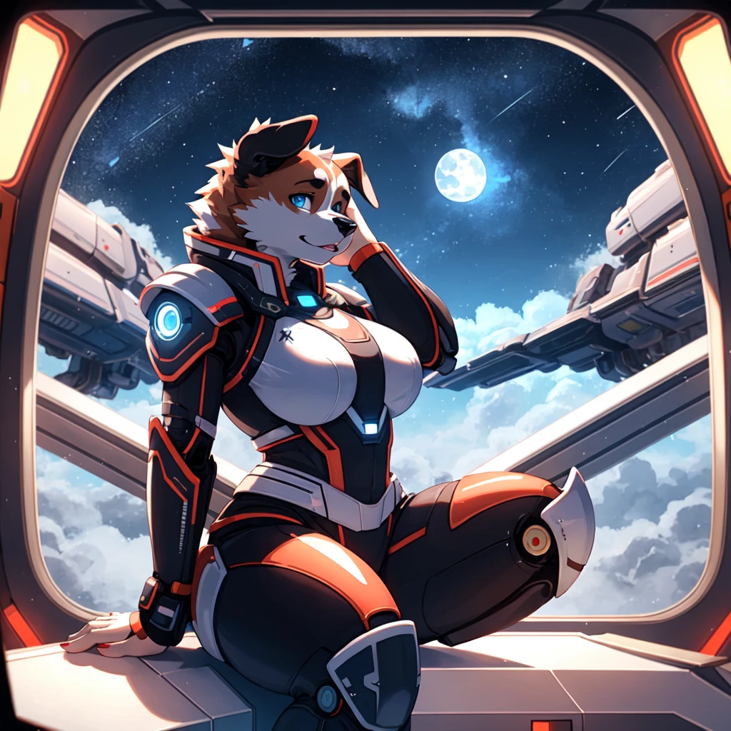 ((Saint Bernard)), anthro, furry, female, feminine, spaceship bridge, Spaceship bridge, futuristic power armor, sci-fi, night time, ((voluptuous, curvy)), ((blue eyes,))