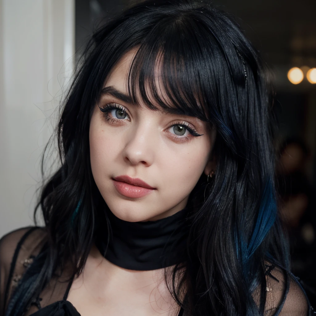 Billie Eilish, lipstick, eyeliner, eyeblush, cheekblush, pretty, cute, adorable, laugh, fancy dress, blue and black hair, lob wavy medium