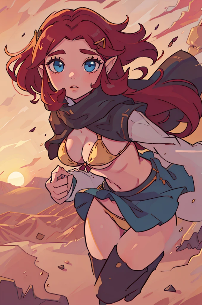 best quality,highres,ultra-detailed,desert landscape,beautiful detailed eyes,beautiful detailed lips,girl in a bikini with a skirt and underwear,extremely detailed eyes and face,long eyelashes,red hair,flowing and blowing in the wind,long hair with a tiara and hairpin,colorful sunset,soft golden light,photorealistic,bokeh. feet, one person, cloak, long boots