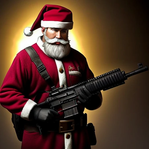 arafed santa claus with a gun and a rifle in his hand, Papai Noel, Papai Noel, Santa, com fuzil, um hiper realista, segurando fuzil, um ultra realista, 🕹️ 😎 🔫 🤖 🚬, segurando um rifle, Sfm, holiday season, portando um fuzil, fotografia de close-up, armado, Natal, with rifle in hands, incrivelmente realista