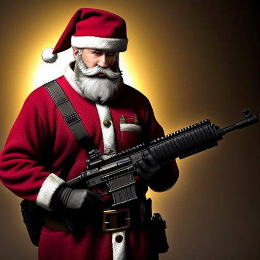 arafed santa claus with a gun and a rifle in his hand, Papai Noel, Papai Noel, Santa, com fuzil, um hiper realista, segurando fuzil, um ultra realista, 🕹️ 😎 🔫 🤖 🚬, segurando um rifle, Sfm, holiday season, portando um fuzil, fotografia de close-up, armado, Natal, with rifle in hands, incrivelmente realista