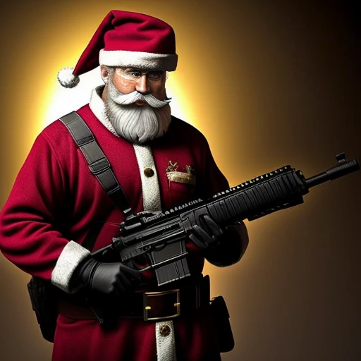 arafed santa claus with a gun and a rifle in his hand, Papai Noel, Papai Noel, Santa, com fuzil, um hiper realista, segurando fuzil, um ultra realista, 🕹️ 😎 🔫 🤖 🚬, segurando um rifle, Sfm, holiday season, portando um fuzil, fotografia de close-up, armado, Natal, with rifle in hands, incrivelmente realista