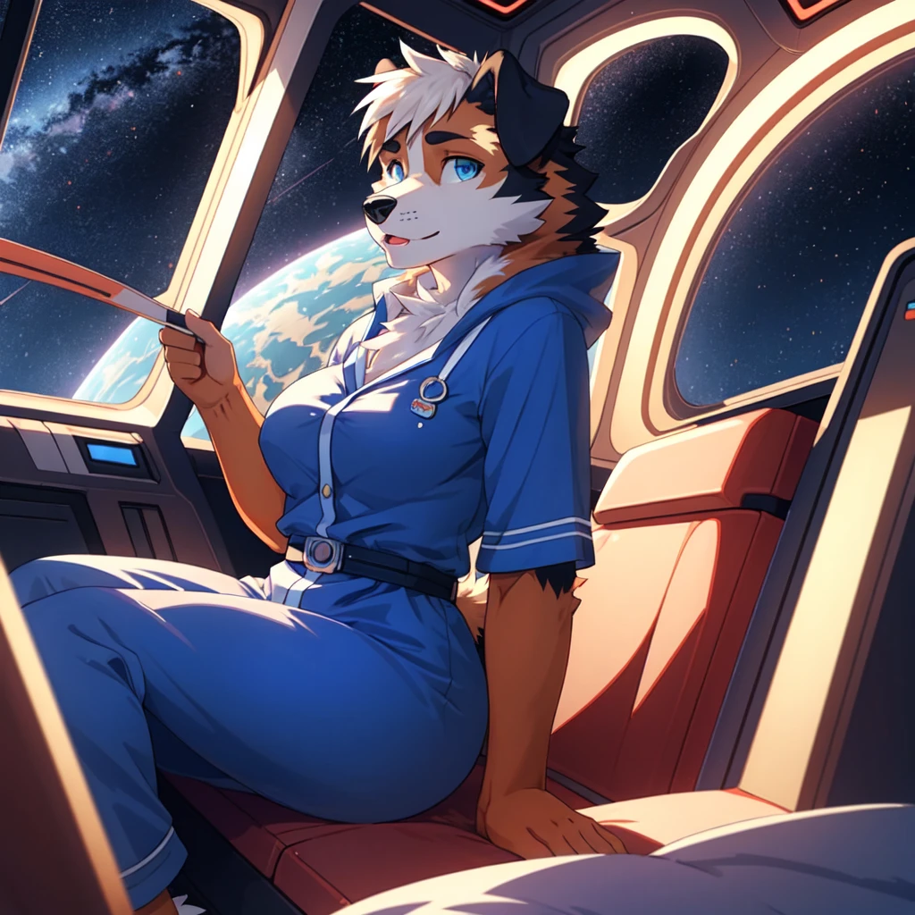 solo, 1girl, ((Saint Bernard)), anthro, furry, female, feminine, floppy ears, ((blue eyes)), spaceship bedroom, sci-fi, night time, ((voluptuous, curvy)), futuristic bedroom, futuristic pajamas,