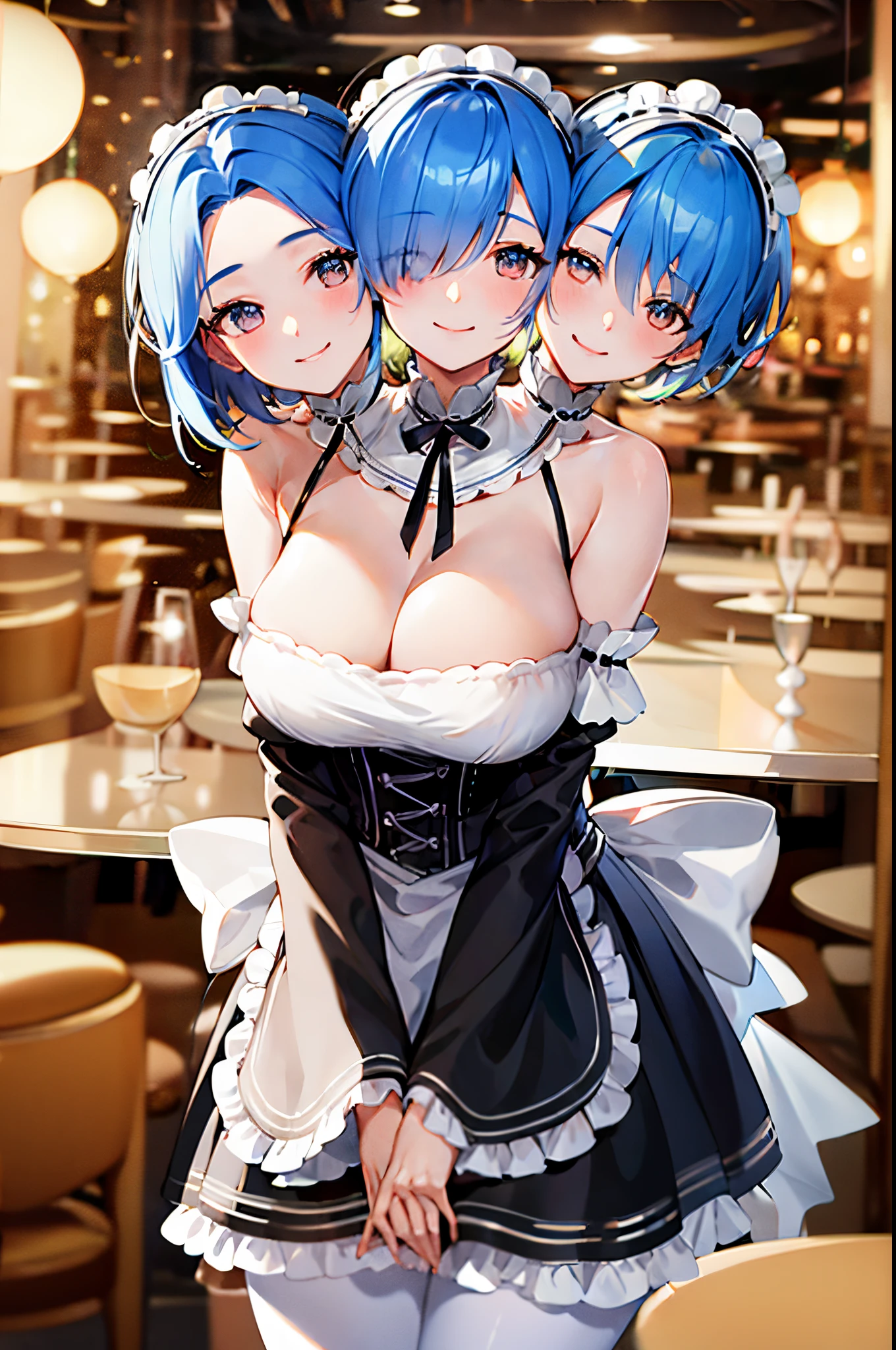(3heads:1.7), masterpiece, best quality, highres, aarem, short hair, (blue hair), maid headdress, x hair ornament, hair ribbon, hair over one eye, large breasts, frills, neck ribbon, cleavage, dress, detached sleeves, white apron, waist apron, white pantyhose, standing, cowboy shot, smile, indoors, v arms, hand between legs,
