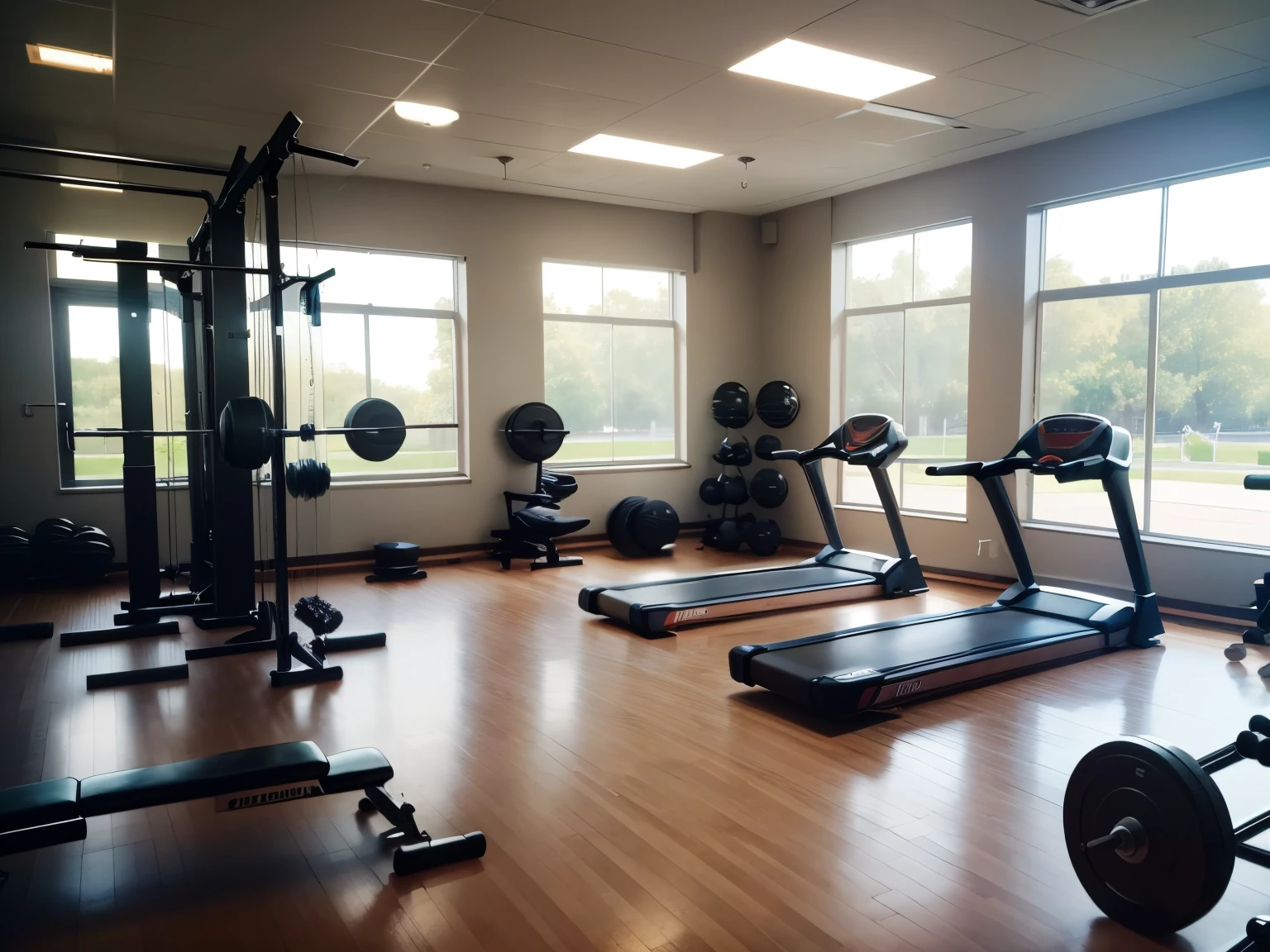 gym without people, rods, dumbbells, heavy exercise equipment, gym with exercise equipment, Gym, gym
