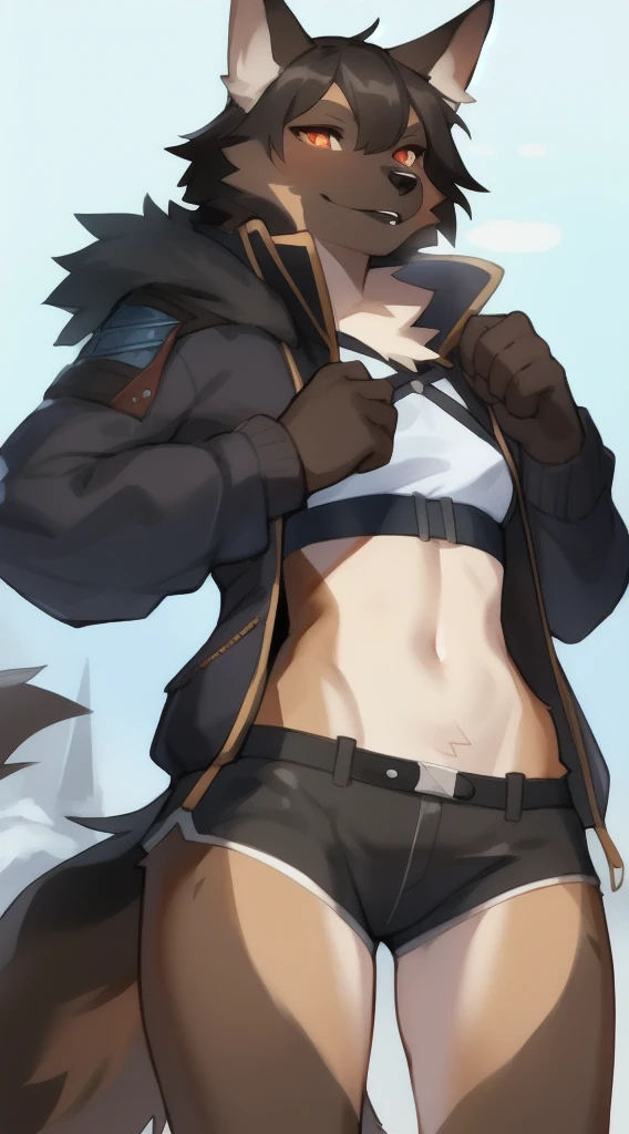 独奏, (A girl:1.2), , eye liner, lips, Short shorts, Jacket with long sleeves, Adventure Clothing, DND Style, Author: Bebebebebe, Belgian Shepherd Groenendael, black fur color, Fluffy, Black lip gloss, mid length hair, small waist, wide hips, Slim, the perfect body, The dominant point of view, predatory smile, steam from the body, Winter is coming, warrior, Burning eyes, self-assurance, pride