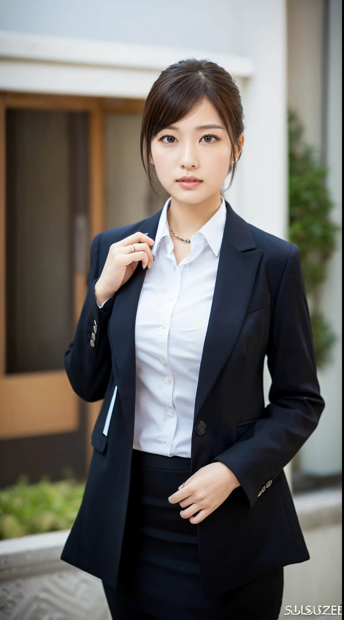 (masutepiece,High quality:1.3),(depth of fields:1.3) ,((front body:1.35)), Japanese ,Middle-aged woman,Chignon,Black Piece suit, collared shirt, Black pencil skirt,Huge breasts,(Looking at Viewer:1.3),(Full body:1.2),