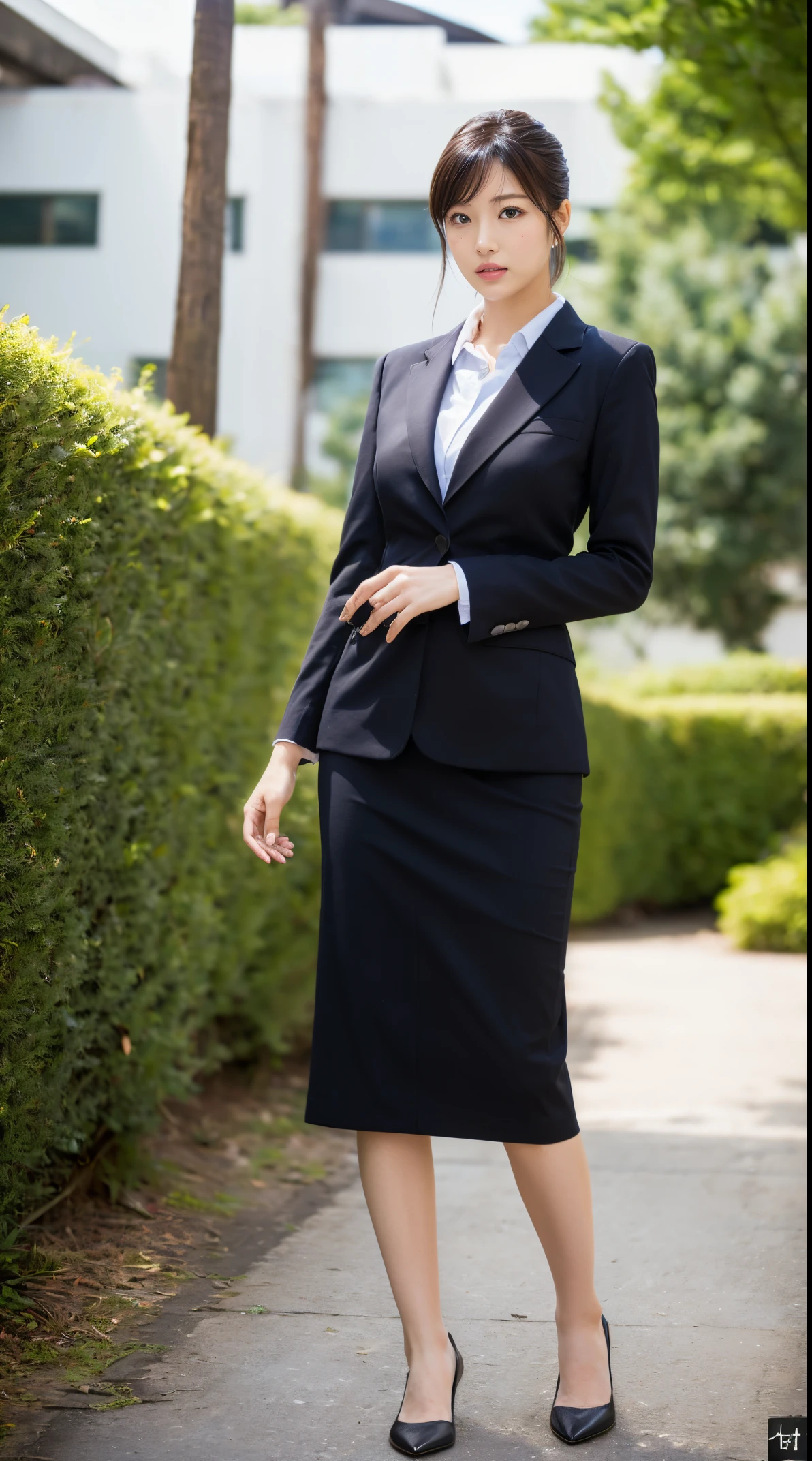 (masutepiece,High quality:1.3),(depth of fields:1.3) ,((front body:1.35)),  Japanese ,Middle-aged woman,Chignon,Black Piece suit, collared shirt, Black pencil skirt,Huge breasts,(Looking at Viewer:1.3),(Full body:1.2),