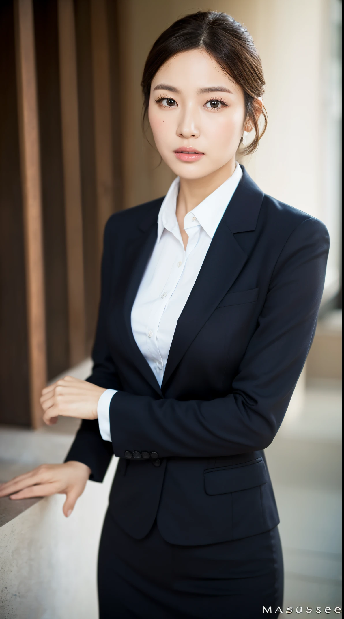 (masutepiece,High quality:1.3),(depth of fields:1.3) ,((front body:1.35)), Japanese ,Middle-aged woman,Chignon,Black Piece suit, collared shirt, Black pencil skirt,Huge breasts,(Looking at Viewer:1.3),(Full body:1.2),