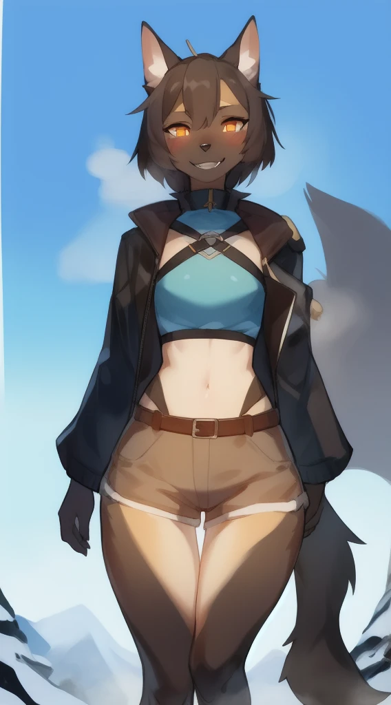 独奏, (A girl:1.2), , eye liner, lips, Short shorts, long-sleeved jacket, Adventure Clothing, DND Style, Author: Bebebebebe, Belgian Shepherd Groenendael, black fur color, Fluffy, Black lip gloss, mid length hair, small waist, wide hips, Slim, the perfect body, The dominant point of view, predatory smile, steam from the body, Winter is coming, warrior, Burning eyes, self-assurance, pride