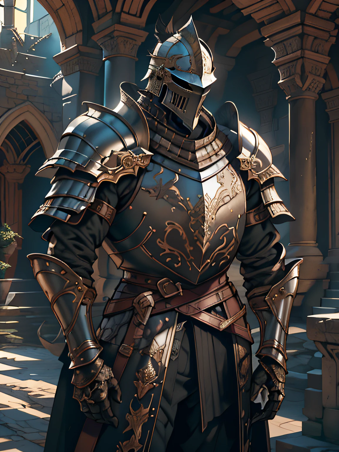 square shaped knight, Helmet in the shape of a skull, on horseback1.4, Stand Still, Heroes, A never-before-seen hero, Chin, male, Epic, a handsome, prince, warrior, Silver armor, Гипердетализированная 3D матовая покраска, Cinemascope Panoramic, awe inspiring, landscape, natural skin textures, sharp-focus, ((cienatic look)), Crazy details, intricate details, Greg Rutkowski、Artworks by Caravaggio and Alphonse Mucha, analog style, lock, inside a castle, Tranquil environment,