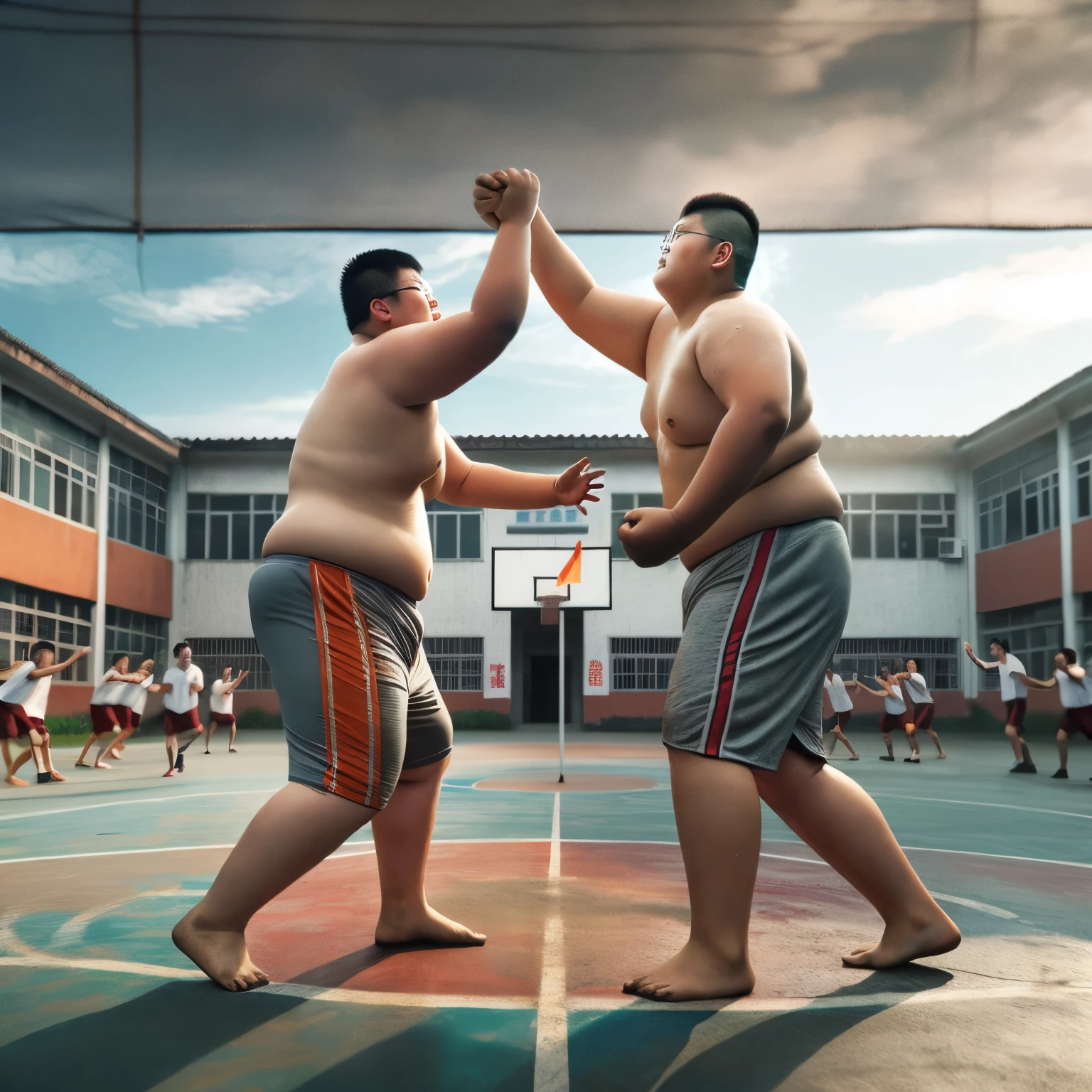 Two sumo wrestlers are wrestling in the gym, posing for a fight, author:Fei Danxu, Assume complex fighting poses, people fighting, boxing fight, fighting scene, struggle, beat up, fighting scene, inspired by Martin Schoeller, Strike a fighting stance, fighting against eachother, powerful photos, Close combat, fight violently with fists, street fighting