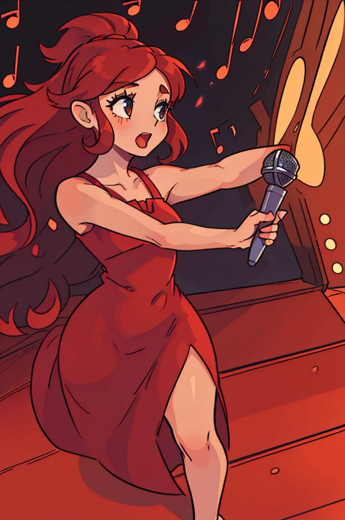 girl, long red hair, full body, long red elegant dress, standing straight, singing a seductive song on stage of a jazz club, bare shoulders, show a little ankle, holding a standing microphone