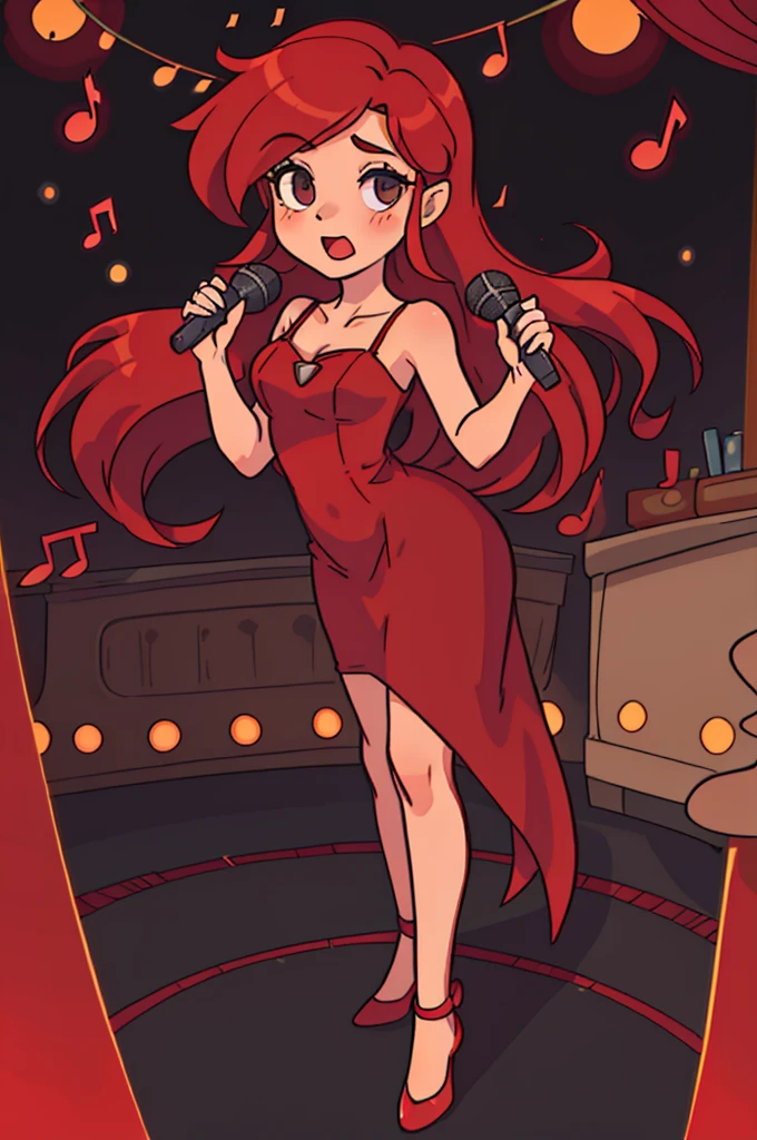 girl, long red hair, full body, long red elegant dress, standing straight, singing a seductive song on stage of a jazz club, bare shoulders, show a little ankle, holding a standing microphone