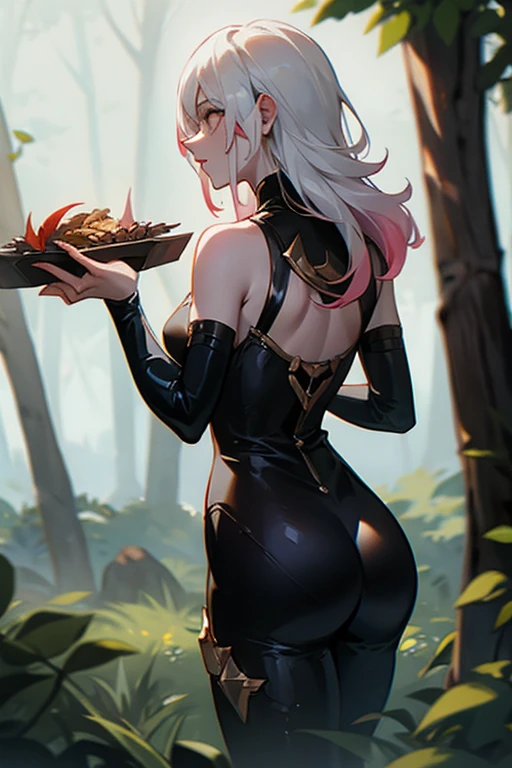 black body suit, briar, league of legends, white hair, white eyes, in woods, back turned