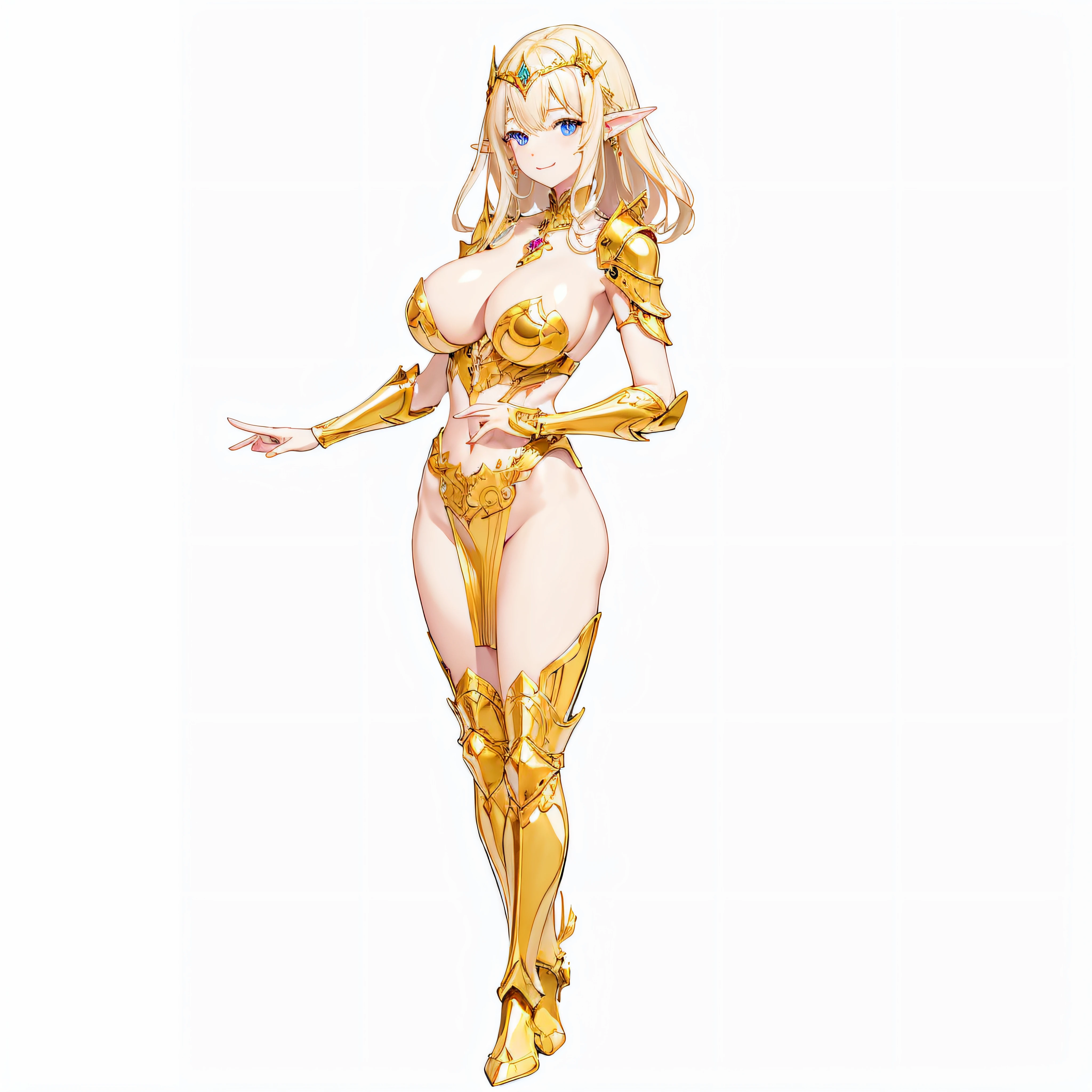 ​masterpiece、top-quality、ighly detailed、hight resolution、１６ｋ、fullnude、Teetoob proportions、golden armour、Very thin skirt、Black pants、Very white skin、Beautiful fingers、Anime girl with very big breasts posing naked、Perfect Style、elvish、no-bra、Blonde blue-eyed、A smile、An elf girl、slim the contours