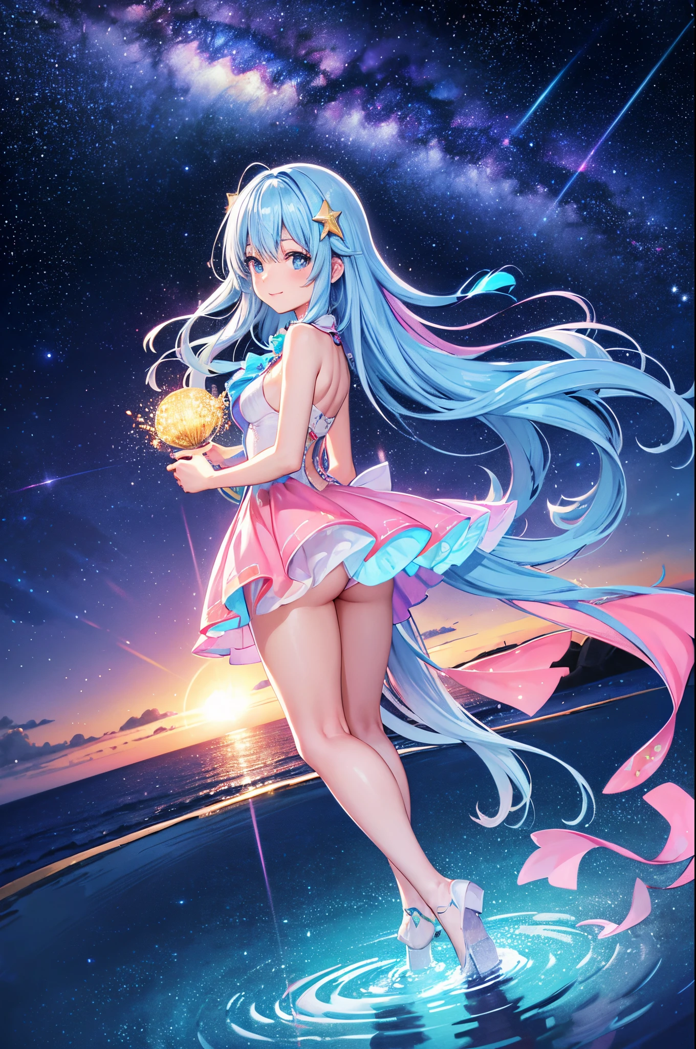 {{{masutepiece}}}, {{best qualtiy, An ultra-fine illustrations, beautifulanddelicatewater}}, {{very delicate light}}, {{Nature, Painting}}, {{Fine Lighting, More transparent stars, Very fine 8K PCG wallpaper}}, (plateau), Sunrise, randomly distributed clouds, cliff, ((Rotating starry sky)), Beautiful girl with long light blue hair with luminous particles、Twin-tailed、adorable smiling、facing front、Super Gloss Metallic Coral Rainbow Transparent Holographic Suit:1.2),Pink and white costume