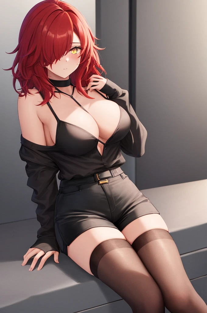 1girl, red hair, medium hair, bangs, one eye covered with hait, yellow eyes, black shirt, no sleeves, black shorts, black, stockings open neckline, large breasts, Sits, holds her head on her hand