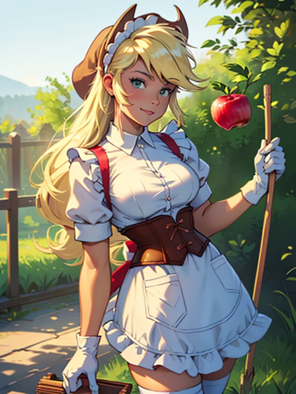 (highres), (absurdreest quality), (high quality), (masterpiece), AppleJack, Applejack from my little pony, big breastes, Lush breasts, elastic breasts, exuberant hair, straight hair, red elastic band on the hair, toned body, brawn, housemaid, maid, maid headdress, corset, apron, frills, frilled apron, puffy sleeves, short sleeves, white gloves, white thighhighs, arms behind back, looking at viewer,, pretty, broom in hand, fishnet stockings, beste-Qualit, Very detailed, Slippers, apples