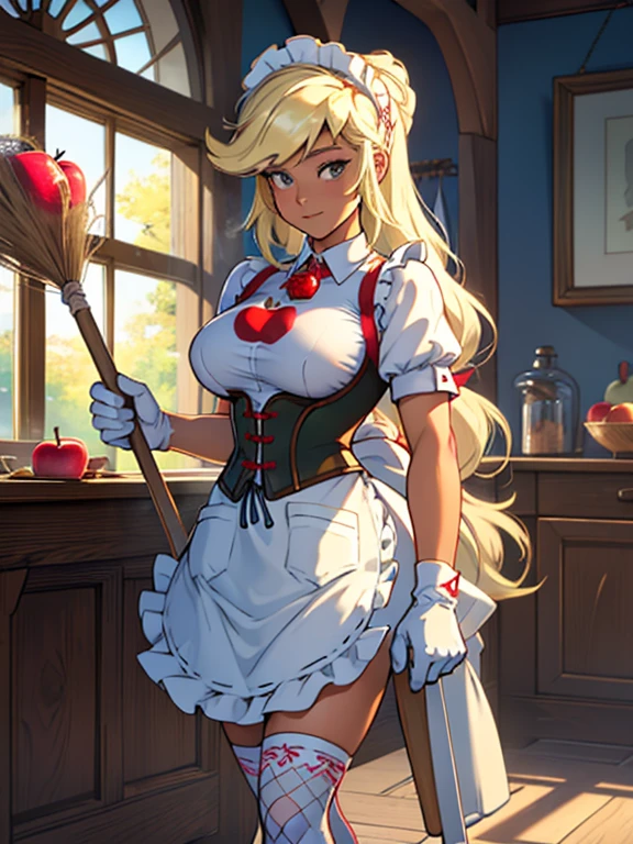 AppleJack, Applejack from my little pony, freckles, big breasts, Lush breasts, elastic breasts, exuberant hair, straight hair, red elastic band on the hair, toned body, brawn, nice lingerie, perfect face, green eyes, Stretch meat, Raised sexy, black_stockings, suspender_stockings, thighhighs, black bra(((wearing cool maid outfit))), smile, looking_at_observer, smiling, corset, bare breasts, boobs, nipples, pussy