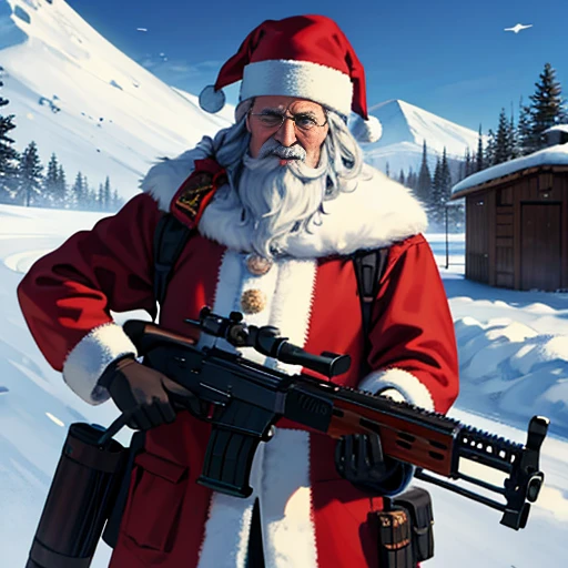 arafed santa claus with a gun and a rifle in his hand, Papai Noel, Papai Noel, Santa, com fuzil, um hiper realista, segurando fuzil, um ultra realista, 🕹️ 😎 🔫 🤖 🚬, segurando um rifle, Sfm, holiday season, portando um fuzil, fotografia de close-up, armado, Natal, with rifle in hands, incrivelmente realista