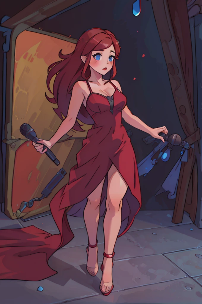 (best quality,ultra-detailed,realistic:1.37),vivid colors,portraits,studio lighting,jazz club,girl with long red hair and full body,long red elegant dress,standing straight,singing a seductive song,bare shoulders,showing a little ankle,holding a standing microphone