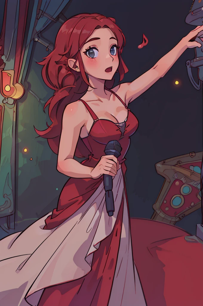 (best quality,ultra-detailed,realistic:1.37),vivid colors,portraits,studio lighting,jazz club,girl with long red hair and full body,long red elegant dress,standing straight,singing a seductive song,bare shoulders,showing a little ankle,holding a standing microphone