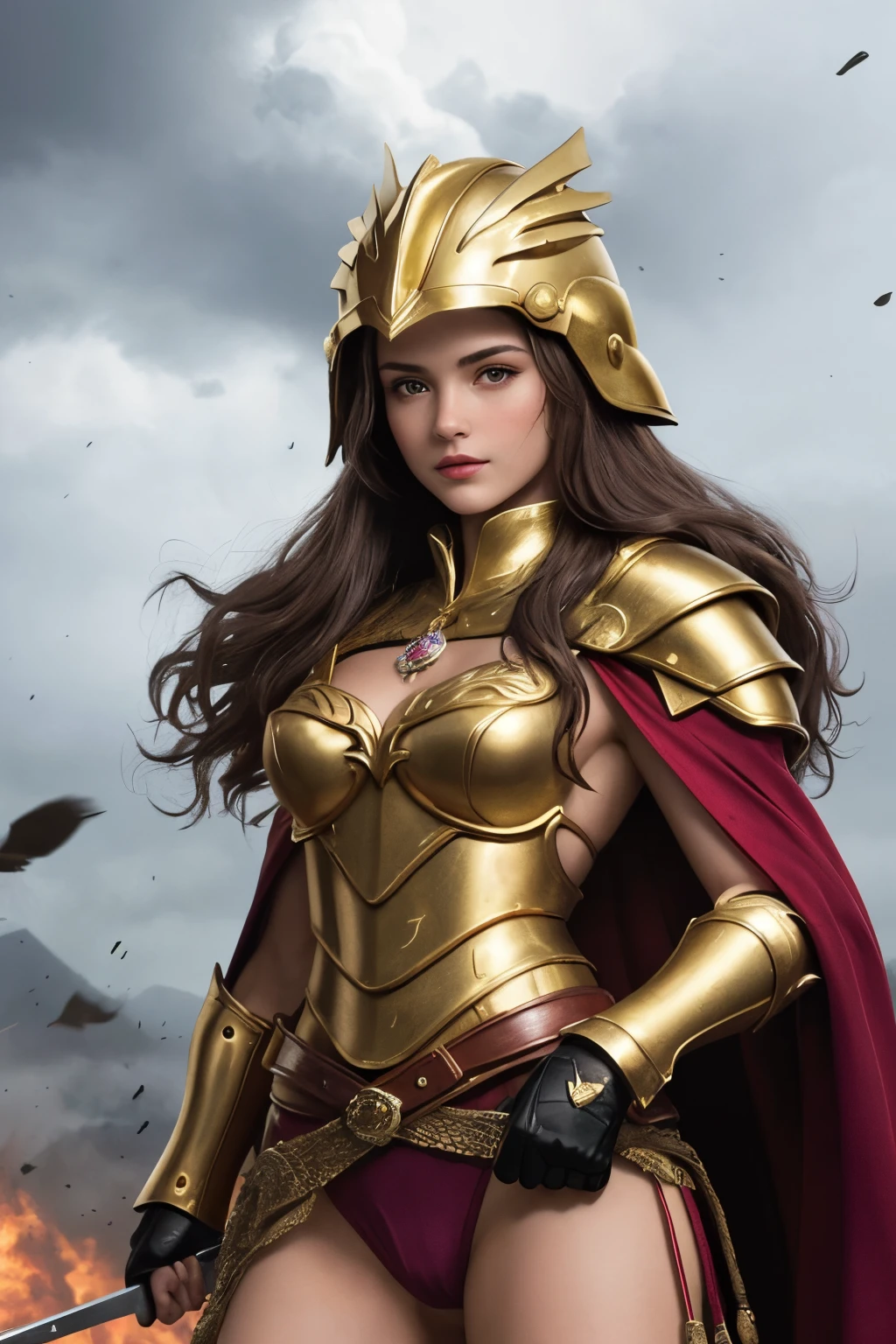 ((Best quality at best)), ((tmasterpiece)), (Detailed pubic hair), s the perfect face,She has a goddess-like face, delicate skin, perfect figure, rich details, gold helmet, silver armor, and gold-plated aegis, just like a female warrior; purple-red cloak, golden eagle-wing helmet, majestic, battle scenes, Kill enemies on the battlefield, magic, violent storms