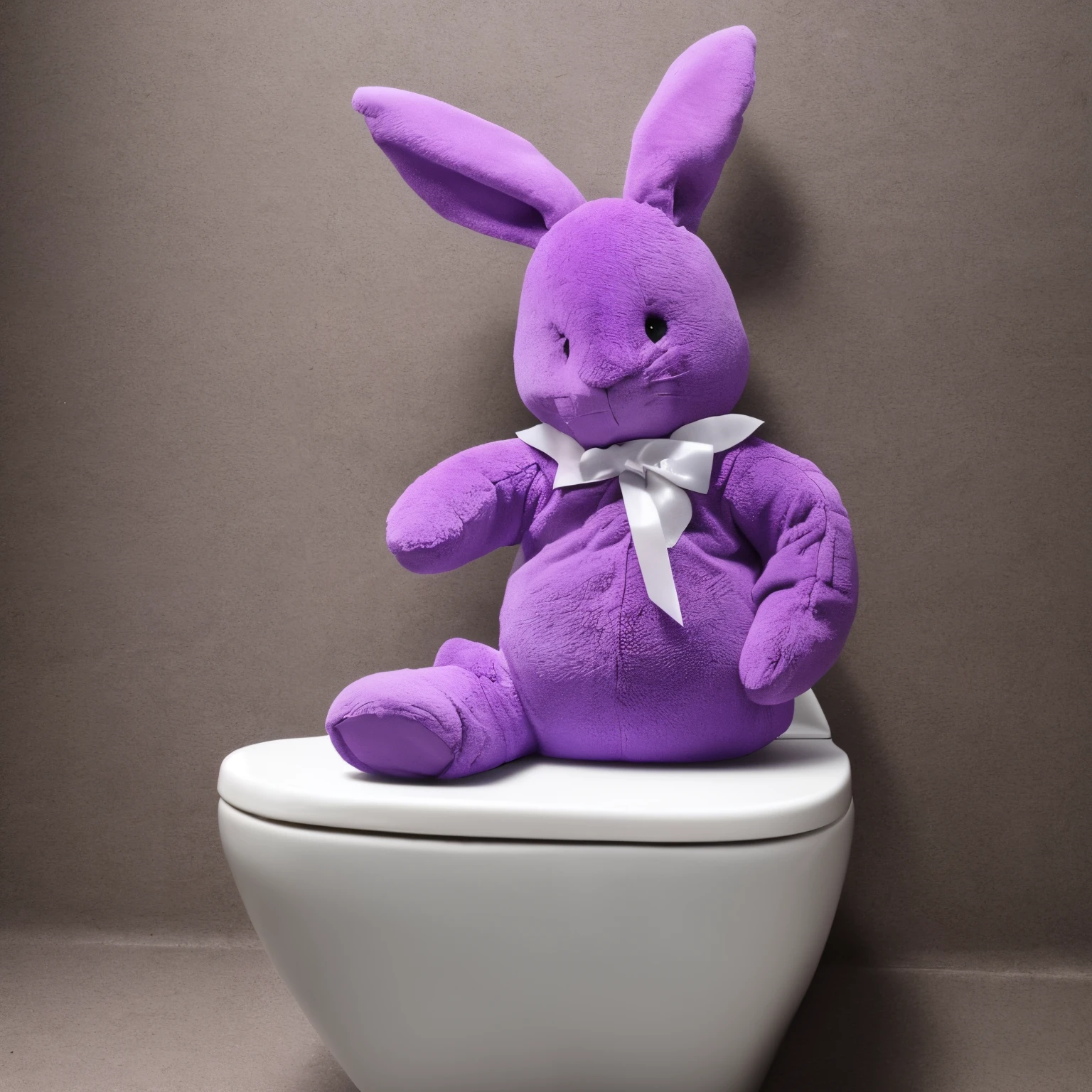 Purple bunny sitting on toilet