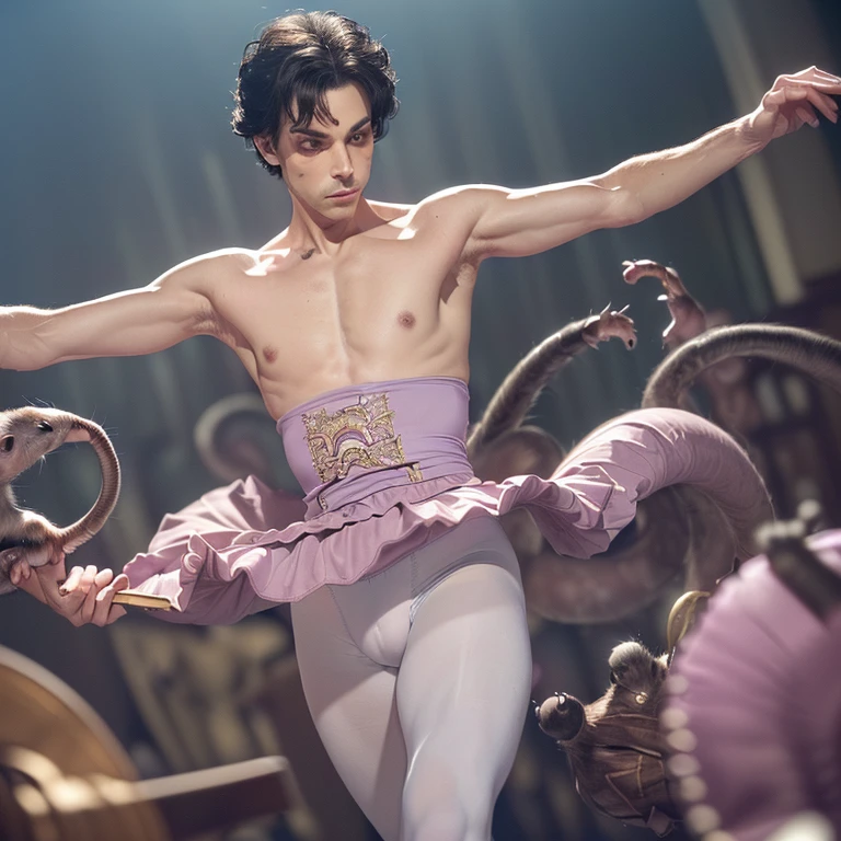(8k, best quality, masterpiece, dreamlike, hyperrealistic, beautiful eyes, ballet tights, crotch bulge, nutctracker ballet:1.35), (prince kills rat king:1.5)