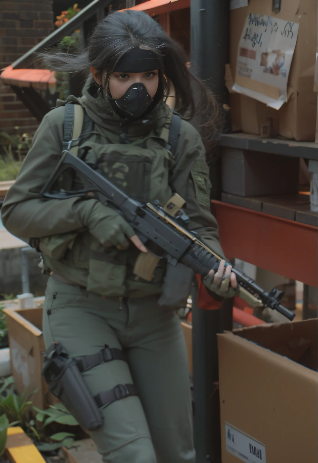 Mulher, 24 anos, Pele clara, mascara de gas, com coldre, with military weapon in hand, com luva, cabelo longo escuro, olhos escuro, com mochila grande.