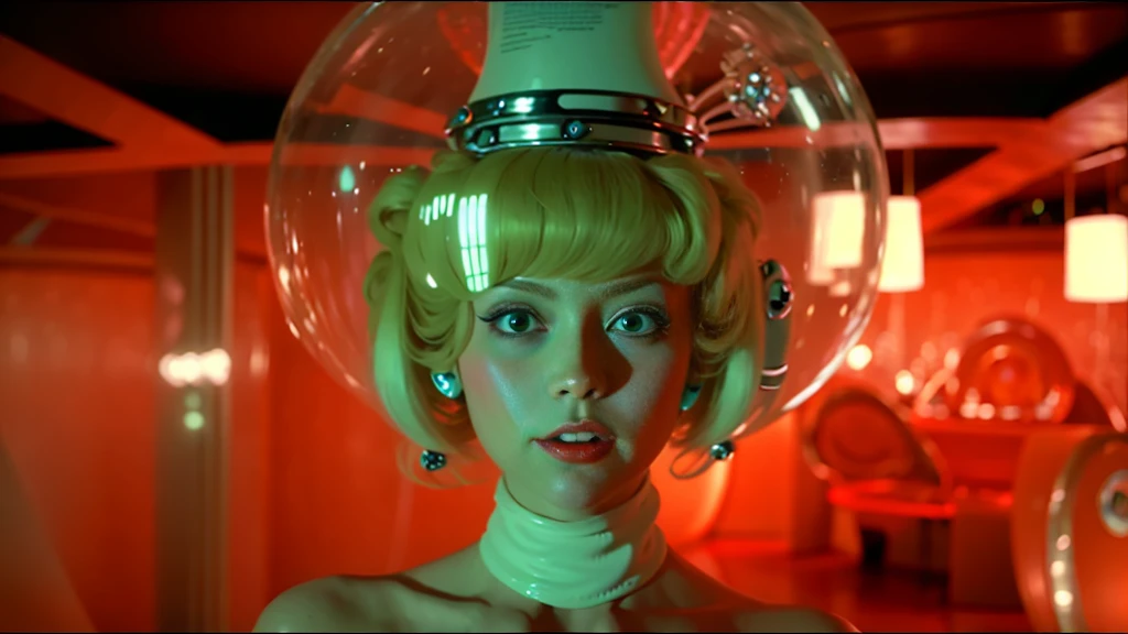 a close up of a woman with a hair dryer on her head, futuristic ballroom. big eyes, retro sci - fi movie, as a retrofuturistic heroine, as a retro futuristic heroine, kylie minogue as barbarella, elle fanning as an android, movie still of the alien girl, alex from a clockwork orange, beauty blade runner woman, barbarella