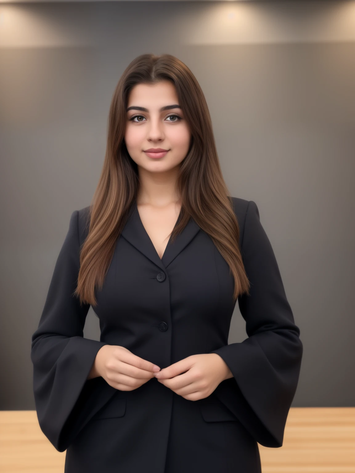 Realistic and detailed portrait of an Iraqi girl, attractive, , RAW photo, Ultra realistic, head to chest, lips, collarbone, chest, eyes, nose,Realistic and detailed portrait of an Iraqi girl, attractive, 16 years old Ultra realistic, head to chest, lips, collarbone, chest, eyes, nose(((standing in attention pose))),wering blazzer,wearing black suit,pant,,background news studio, ,face centere face(centere face ),eyes looking in lence,body straight (body straight),,HDR,,not showing chest,(without any pose,(straight attention)(((standing in attention pose ))),(passport size photo)
