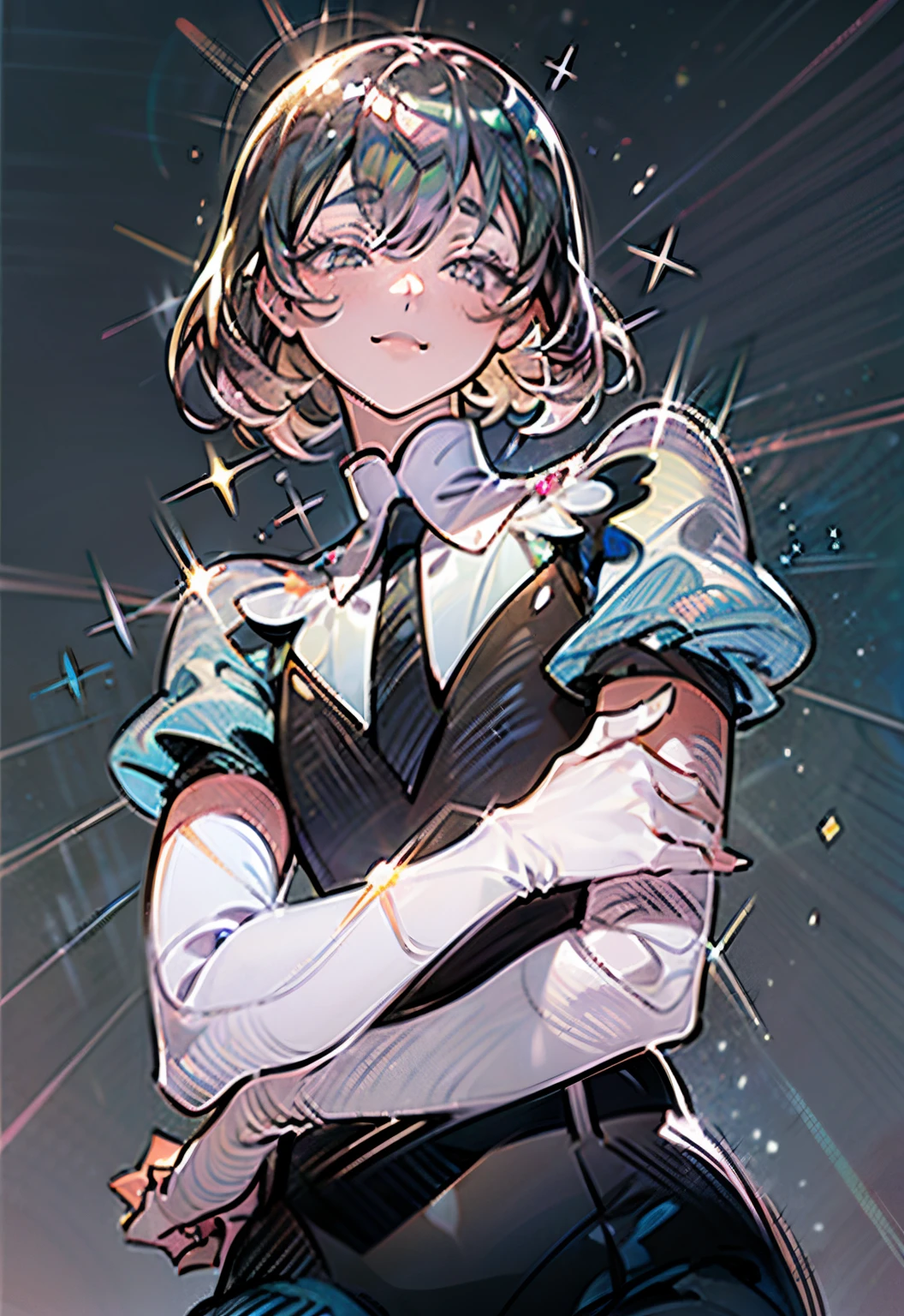 ((in the style of Ichikawa Haruko)), Hauskies are not, The Land of Precious Stones, Original character, ((tmasterpiece)), (((beste-Qualit))), ((ultradetailed)), ((illustartion)), [The light effect of realism], eye shadow, (fantasy style),  Background, illustartion, 1 girl, side glance, Crystal hair, Glowing Hair, shirt with collar, galaxy, Additional lighting, uniform, tie, puffy short sleeves, Shorts, Smile, puffy short sleeves, Puffy armbands, Shirt, short sleeve, sparkle, Small flat chest, BEAUTIFUL POSE, in full height