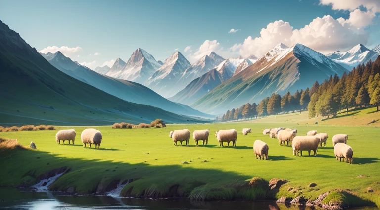 A serene landscape with a lush green meadow, [(white flock of sheep)], a clear sky without any clouds, and a hint of New Zealand's beauty. The image should be of the best quality, 4k resolution, and have a K HD effect. The details should be ultra-detailed, offering a realistic and photorealistic representation. The art style should focus on capturing the beauty of landscapes with vivid colors. The color tones should be vibrant, accentuating the natural hues of the scenery. The lighting should be soft and natural, enhancing the overall ambiance of the landscape.
