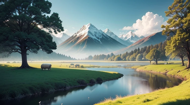 A serene landscape with a lush green meadow, [(white flock of sheep)], a clear sky without any clouds, and a hint of New Zealand's beauty. The image should be of the best quality, 4k resolution, and have a K HD effect. The details should be ultra-detailed, offering a realistic and photorealistic representation. The art style should focus on capturing the beauty of landscapes with vivid colors. The color tones should be vibrant, accentuating the natural hues of the scenery. The lighting should be soft and natural, enhancing the overall ambiance of the landscape.