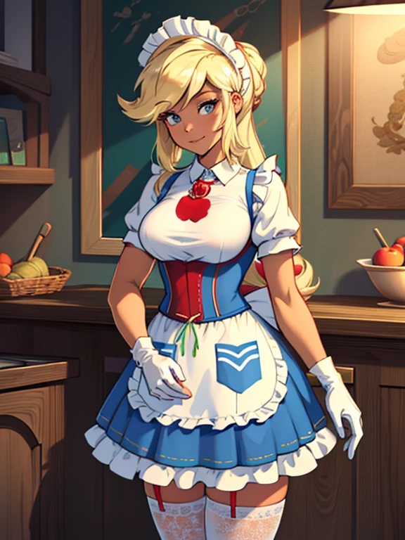 (highres), (absurdreest quality), (high quality), (masterpiece), AppleJack, Applejack from my little pony, big breastes, Lush breasts, elastic breasts, exuberant hair, straight hair, red elastic band on the hair, toned body, brawn, housemaid, maid, maid headdress, white corset, lace corcet, apron, frills, frilled apron, puffy sleeves, short sleeves, white gloves, white thighhighs, arms behind back, looking at viewer,, pretty, broom in hand, fishnet stockings, beste-Qualit, Very detailed, Slippers