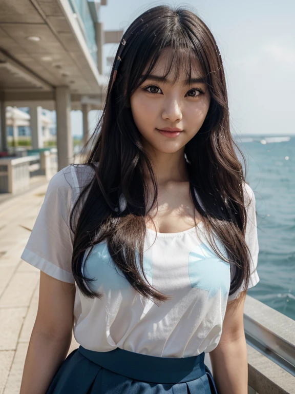 Beutiful women,Korean girls,Air bangs,cabelos preto e longos,Elongated,高画質,high-school,Aqua blue skirt,During the day,Seafront,face clear,二重まぶた,largeeyes,ssmile,Fair skin,white teeth,Wavy hair