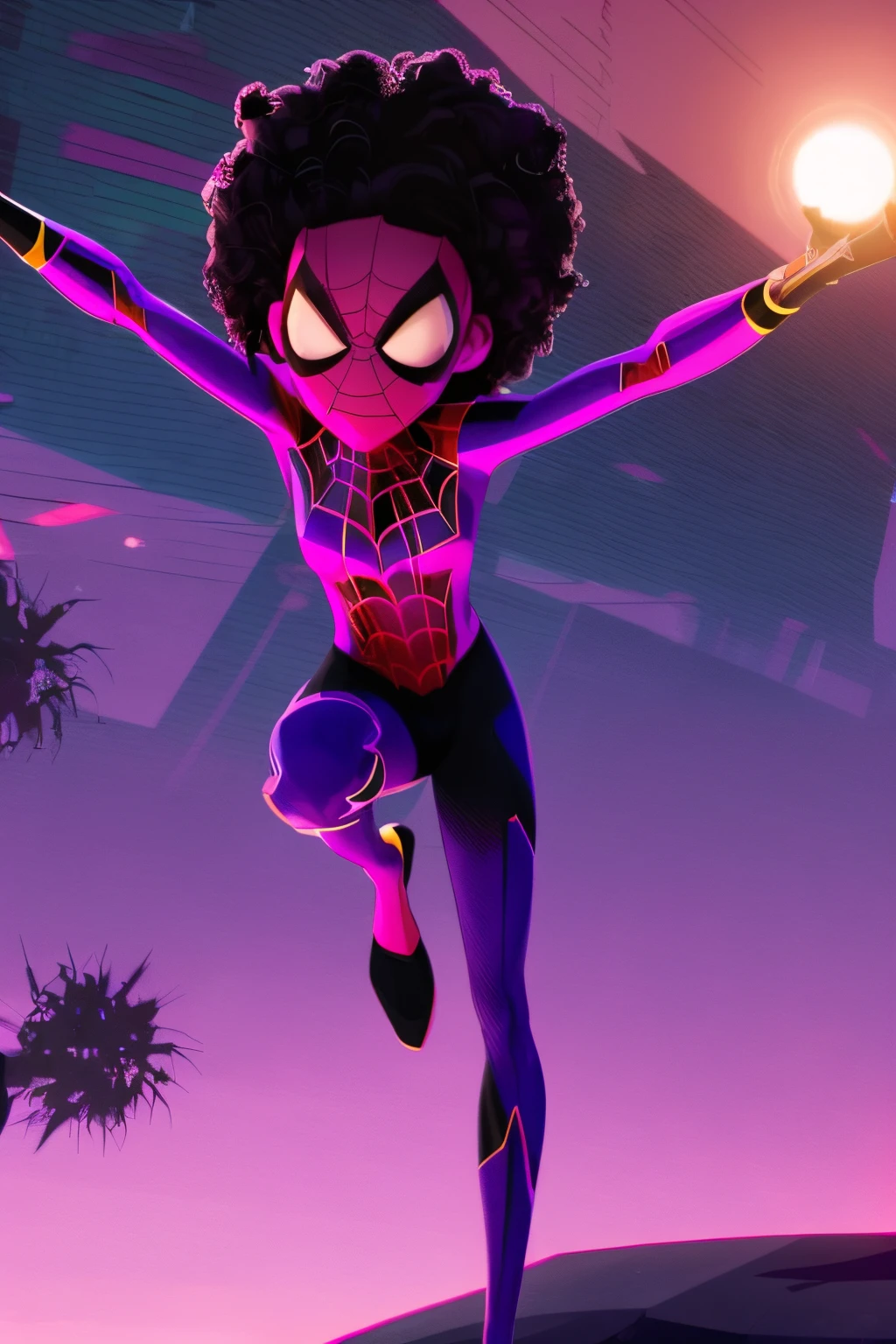 A spidersona that has a purple and black and hot pink suit with spikes, she will be african american that is in more of across the spider verse artstyle is detailed and looks like a sketch, has an background that has a creative comic look sunset new York City vibes
