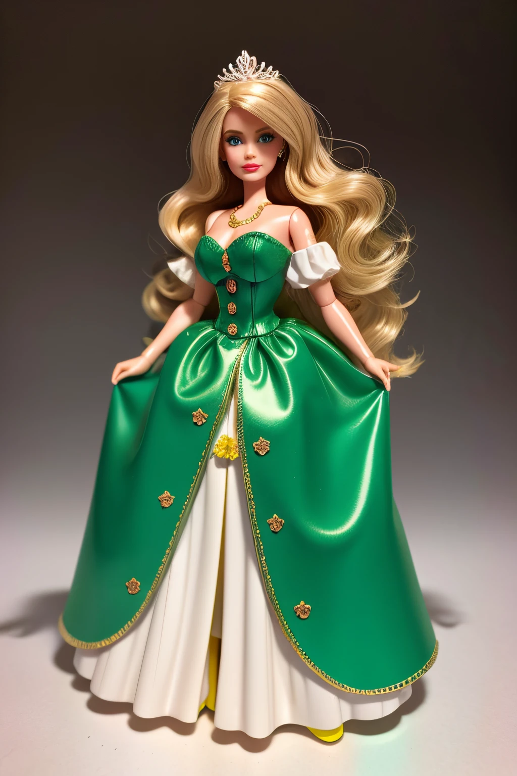 Calico plastic toy figurine, full body, 1 gorgeous European blonde woman, wavy hair, barbie style, green eyes, white background