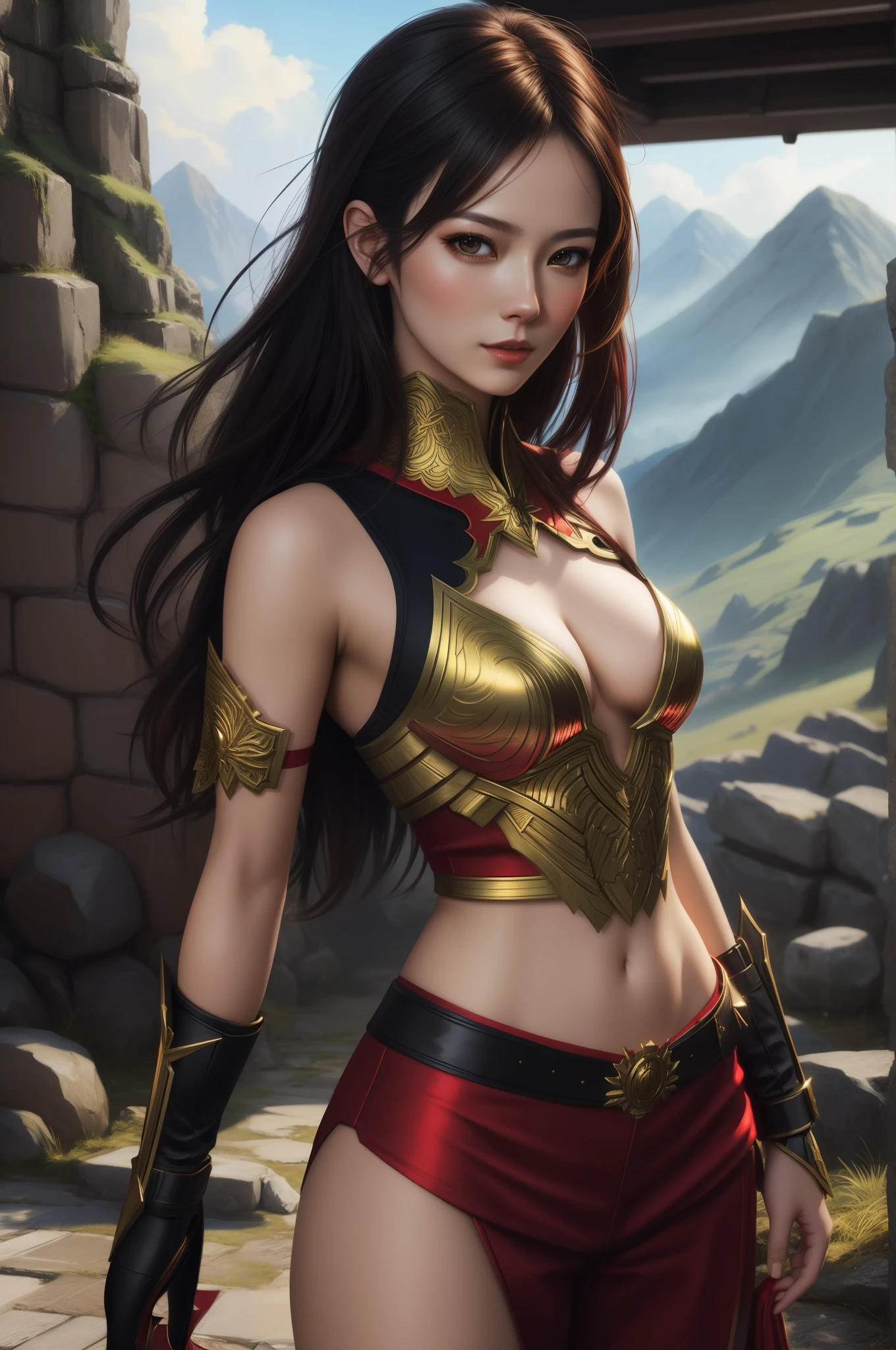 A woman wearing a red and gold costume for a photo shoot, by Yang J, Very detailed ArtGerm hahaha, ig model | ArtGerm, Fantasy Woman, wlop and ArtGerm hahaha, fantasy warrior, amazing fantasy art, artgerm and ruan jia, ruan jia and artgerm, fantasy character, alena aenami and artgerm,