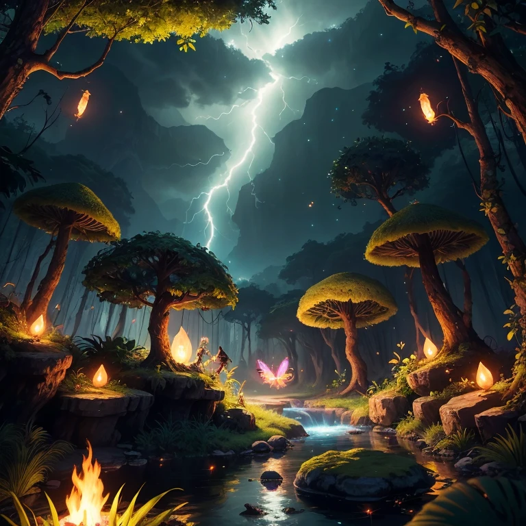 Fantasy in a glass, "ethereal roses, beautiful girls, cute slime animals, glowing little mushrooms surrounded by delicate leaves and branches, and fireflies and glowing particle effects", (natural elements), (jungle theme), (leaves), (branches), (fireflies), butterflies, (delicate leaves), (glow), (particle effects), super realistic, super detailed, dramatic lightning, 4k, masterpiece,