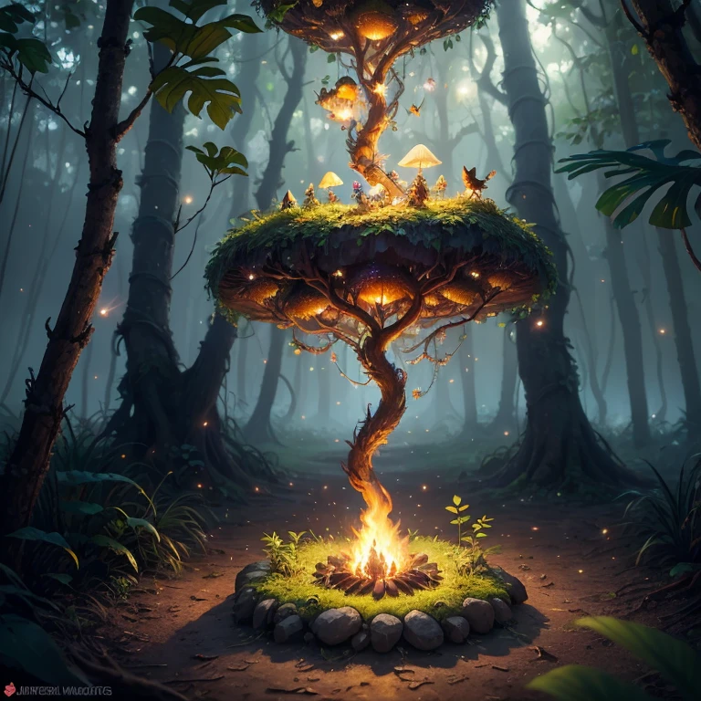 Fantasy in a glass, "ethereal roses, beautiful girls, cute slime animals, glowing little mushrooms surrounded by delicate leaves and branches, and fireflies and glowing particle effects", (natural elements), (jungle theme), (leaves), (branches), (fireflies), butterflies, (delicate leaves), (glow), (particle effects), super realistic, super detailed, dramatic lightning, 4k, masterpiece,