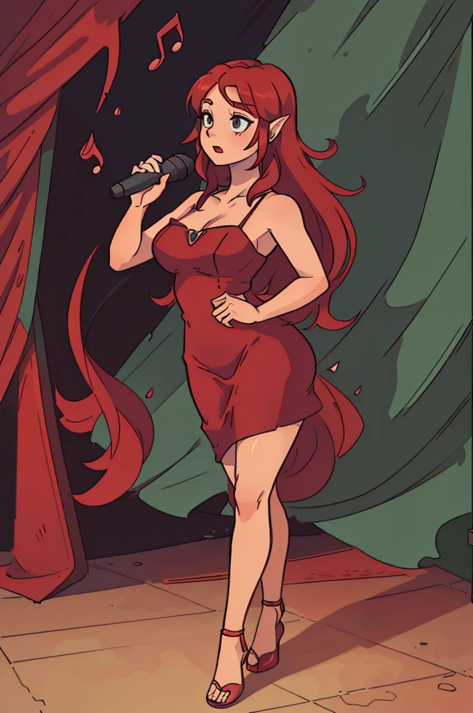 (best quality,ultra-detailed,realistic:1.37),vivid colors,portraits,studio lighting,jazz club,girl with long red hair and full body,long red elegant dress,standing straight,singing a seductive song,bare shoulders,showing a little ankle,holding a standing microphone