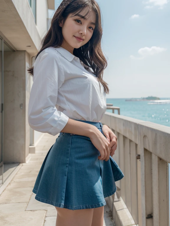 Beutiful women，Korean girls，Air bangs，cabelos preto e longos，elongated，High Picture Quality，middle school，Aqua blue skirt，In the daytime，Seafront，face clear，二重まぶた，largeeyes，ssmile，White skin of the，white teeth，curlies，Two handeautiful fingernails