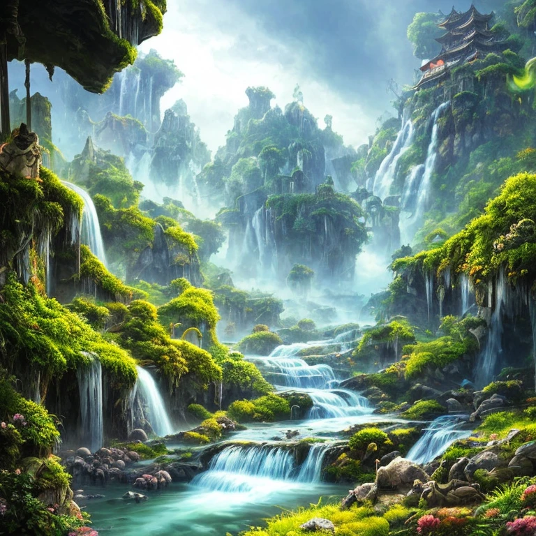 Many islands suspended in the air, airships flying large and small in the sky, martial arts, ancient Chinese architecture, waterfalls, fantasy, wonderland, growing magical plants, mist, extreme details, realistic light, epic composition, (intricate details), (hyper detail: 1.2), art station, (masterpiece, best quality, super HD), 32k --v 6