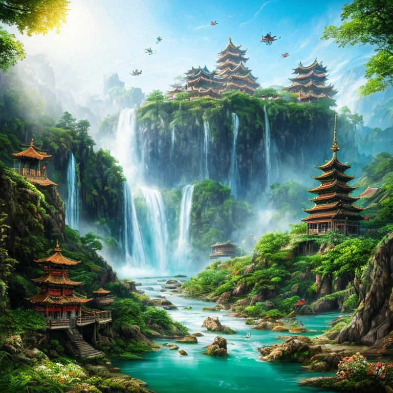 Many islands suspended in the air, airships flying large and small in the sky, martial arts, ancient Chinese architecture, waterfalls, fantasy, wonderland, growing magical plants, mist, extreme details, realistic light, epic composition, (intricate details), (hyper detail: 1.2), art station, (masterpiece, best quality, super HD), 32k --v 6