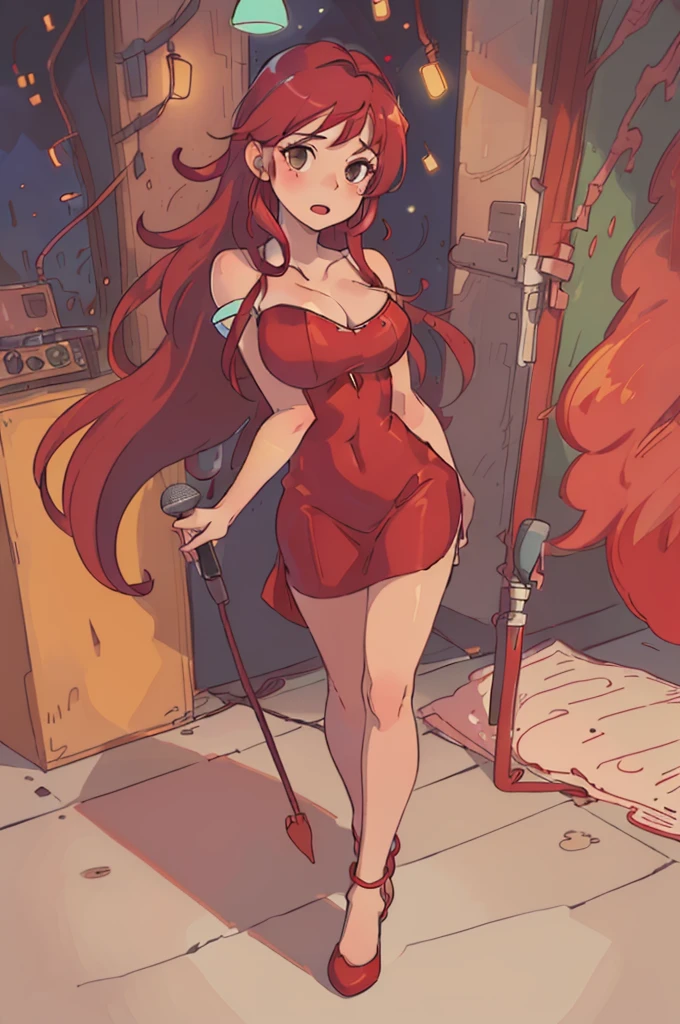 (best quality,ultra-detailed,realistic:1.37),vivid colors,portraits,studio lighting,jazz club,girl with long red hair and full body,long red elegant dress,standing straight,singing a seductive song,bare shoulders,showing a little ankle,holding a standing microphone